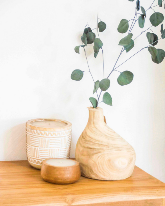 vase en bois + feuille naturelle